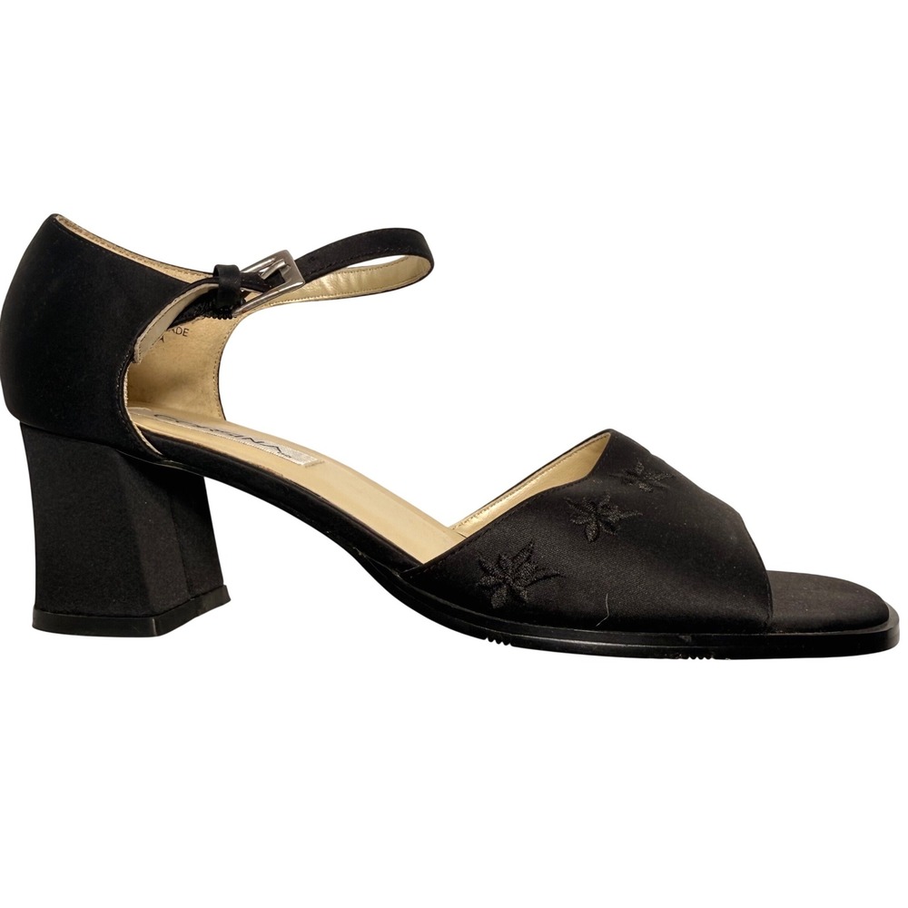 Y2K Black Satin Embroidered Block Heel Sandals Ankle Strap Minimalist Size 8